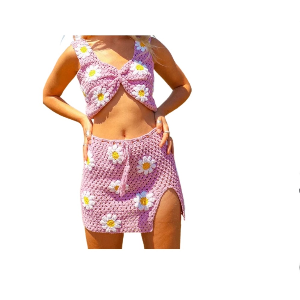 2 piece crochet knit pink skirt and top set